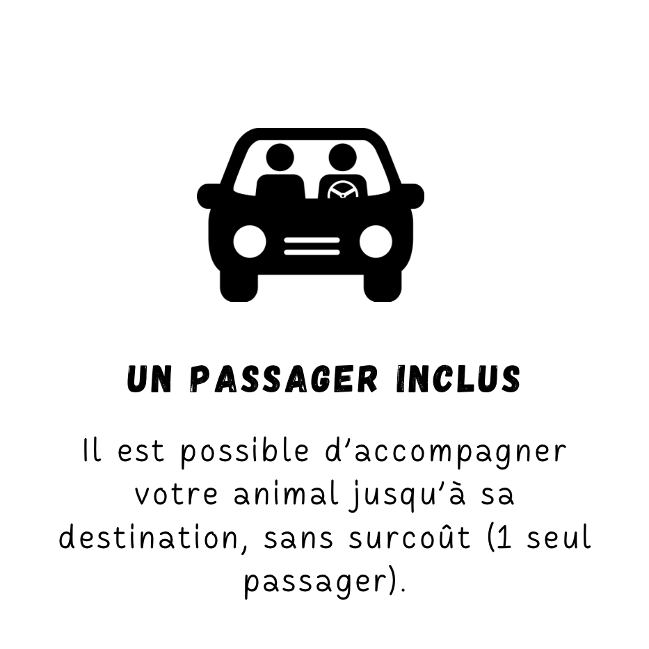 Transport : Passager inclus dans la prestation, vous pouvez accompagner votre animal gratuitement